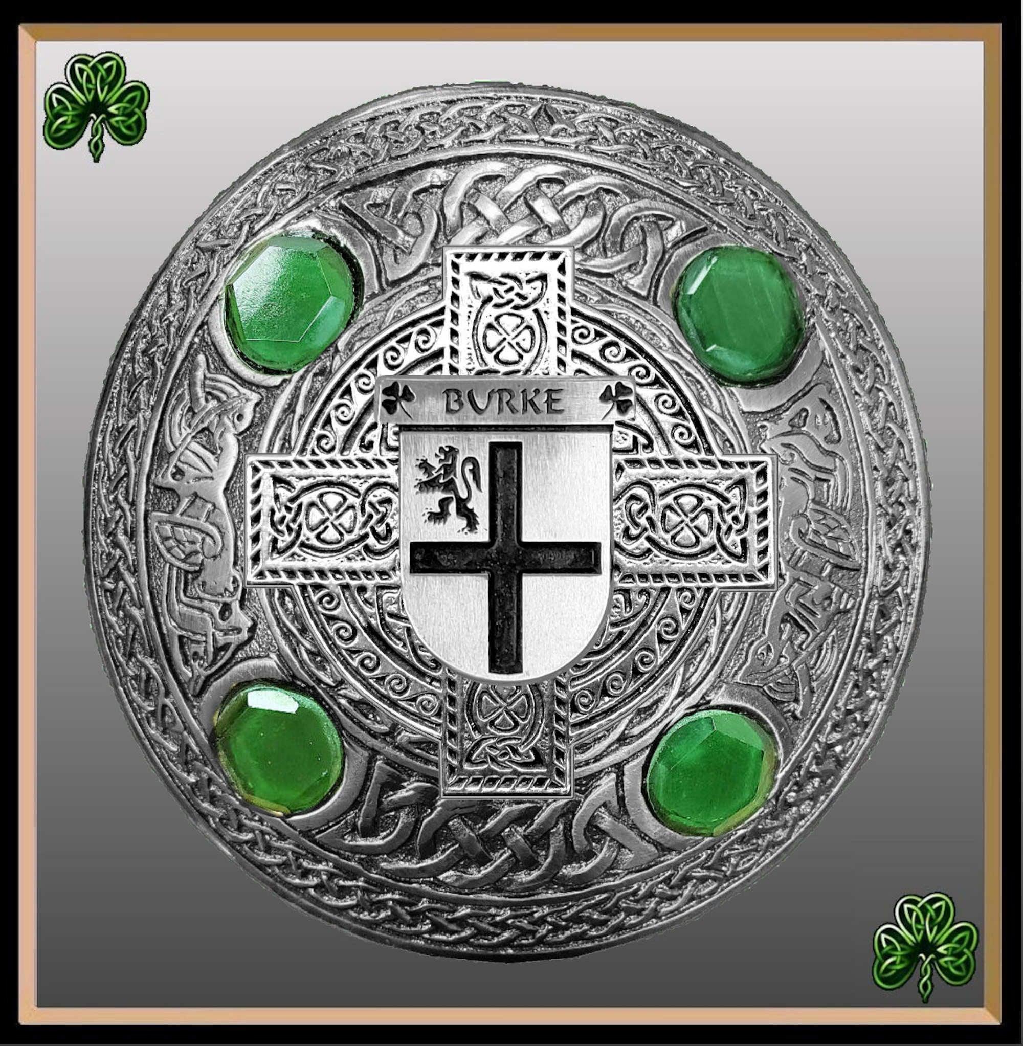 Burke Irish Coat of Arms Celtic Cross Plaid Brooch with Green Stones