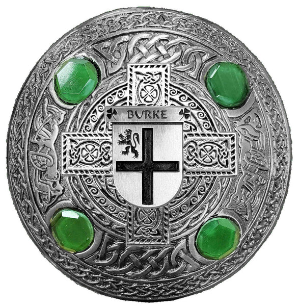 Burke Irish Coat of Arms Celtic Design Plaid Brooch with Green Stones