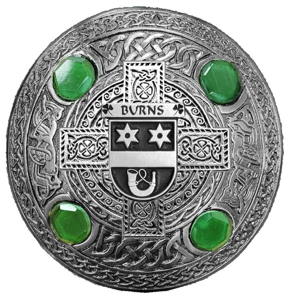 Burns Irish Coat of Arms Celtic Cross Plaid Brooch with Green Stones