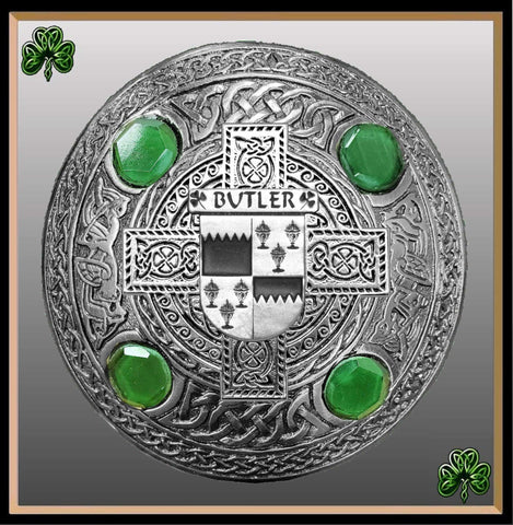 Butler Irish Coat of Arms Celtic Cross Plaid Brooch with Green Stones