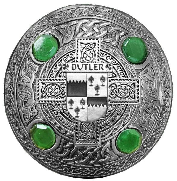 Butler Irish Coat of Arms Celtic Cross Plaid Brooch with Green Stones