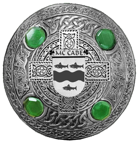 McCabe Irish Coat of Arms Celtic Cross Plaid Brooch with Green Stones