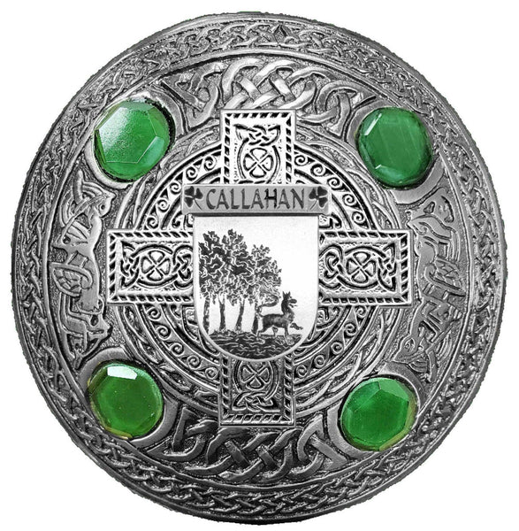 Callahan Irish Coat of Arms Celtic Cross Plaid Brooch with Green Stones