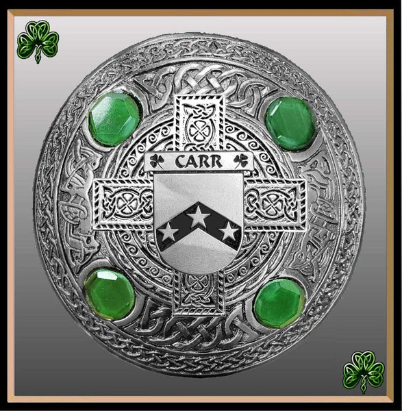 Carr Irish Coat of Arms Celtic Cross Plaid Brooch with Green Stones