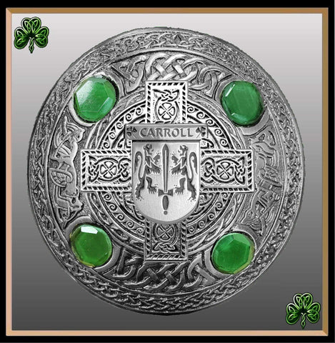 Carroll Irish Coat of Arms Celtic Cross Plaid Brooch with Green Stones