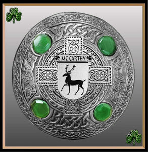 McCarthy Irish Coat of Arms Celtic Cross Plaid Brooch with Green Stones