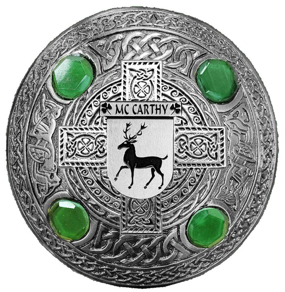 McCarthy Irish Coat of Arms Celtic Cross Plaid Brooch with Green Stones