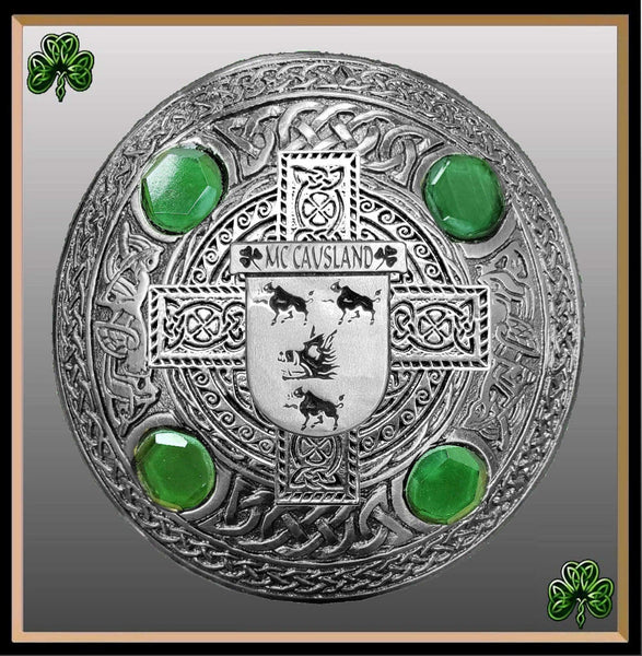 McCausland Irish Coat of Arms Celtic Cross Plaid Brooch with Green Stones