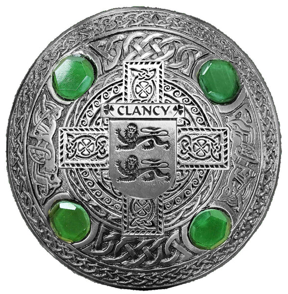 Clancy Irish Coat of Arms Celtic Cross Plaid Brooch with Green Stones