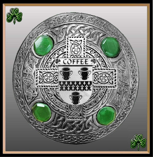 Coffee  Irish Coat of Arms Celtic Cross Plaid Brooch with Green Stones