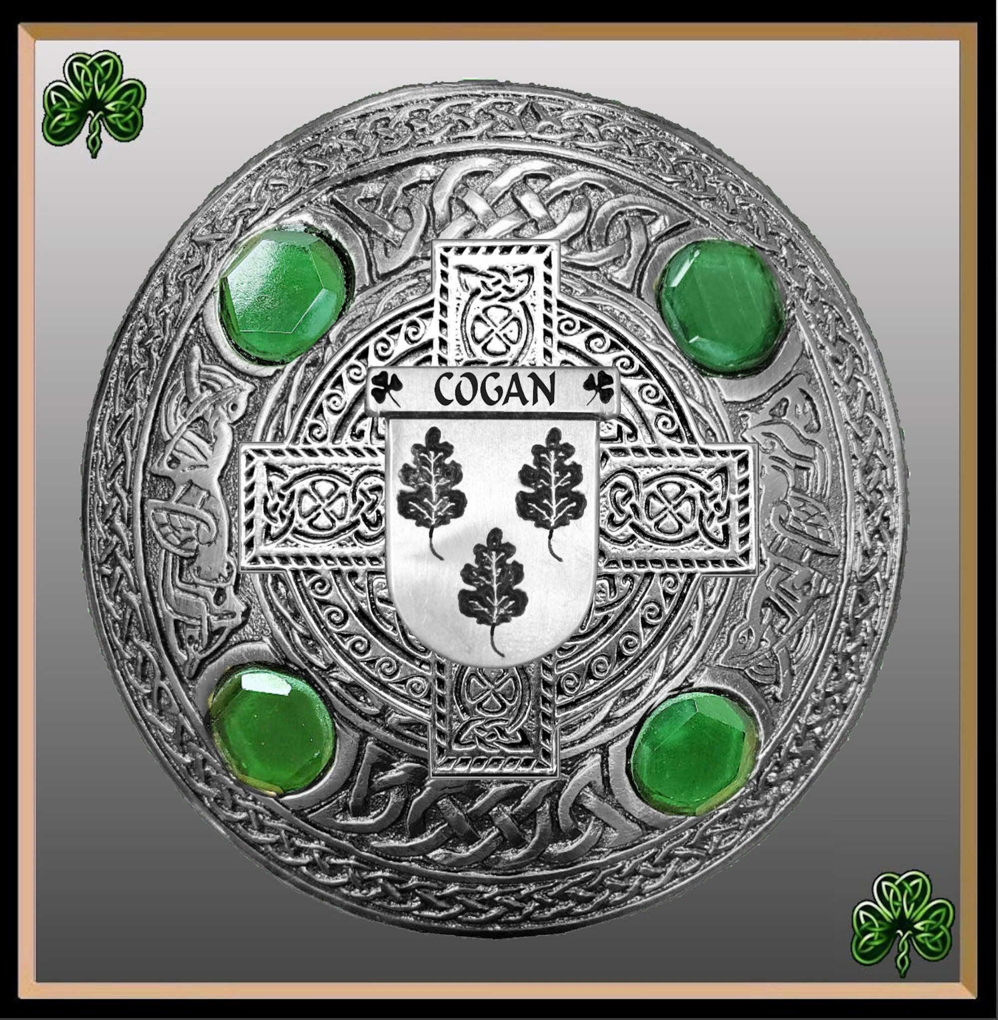 Cogan  Irish Coat of Arms Celtic Cross Plaid Brooch with Green Stones
