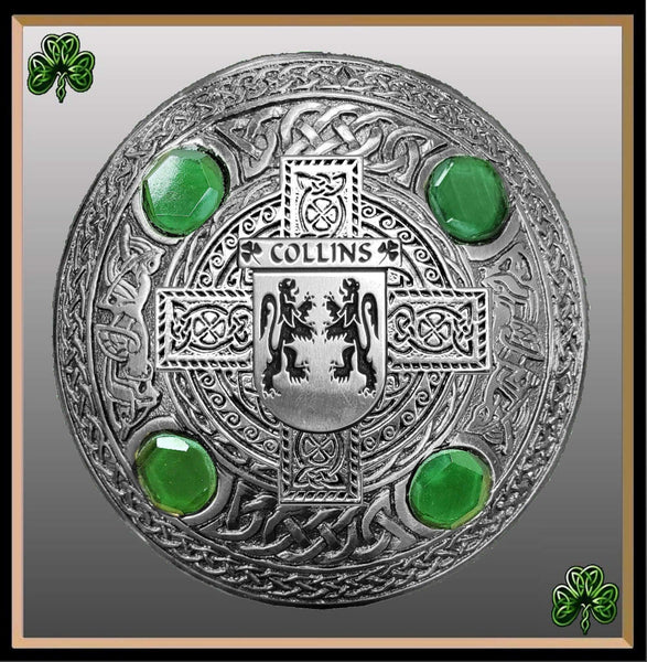 Collins  Irish Coat of Arms Celtic Cross Plaid Brooch with Green Stones
