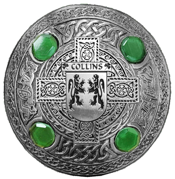 Collins  Irish Coat of Arms Celtic Cross Plaid Brooch with Green Stones