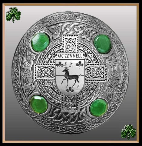 McConnell  Irish Coat of Arms Celtic Cross Plaid Brooch with Green Stones