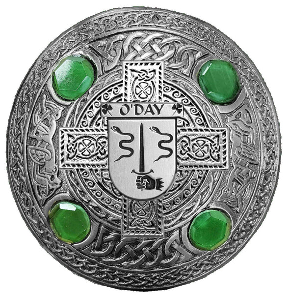 O'Day Irish Coat of Arms Celtic Cross Plaid Brooch with Green Stones
