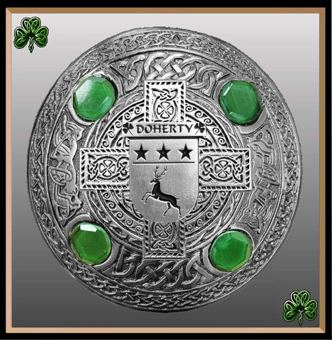 Doherty Irish Coat of Arms Celtic Cross Plaid Brooch with Green Stones