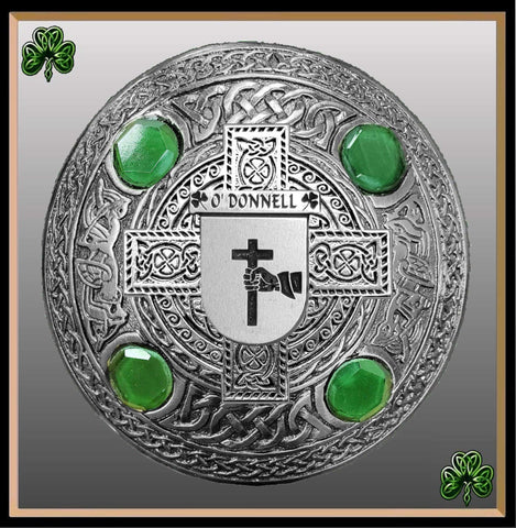 O'Donnell Irish Coat of Arms Celtic Cross Plaid Brooch with Green Stones