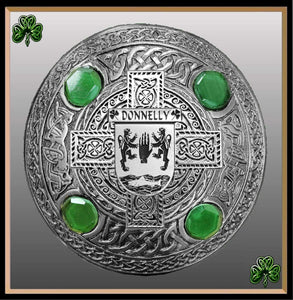 Donnelly Irish Coat of Arms Celtic Cross Plaid Brooch with Green Stones