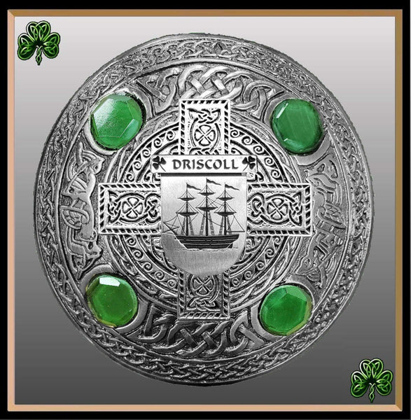Driscoll Irish Coat of Arms Celtic Cross Plaid Brooch with Green Stones