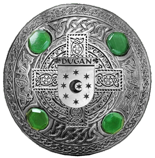 Dugan Irish Coat of Arms Celtic Cross Plaid Brooch with Green Stones