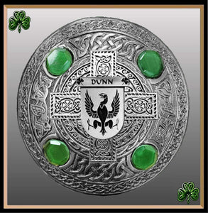 Dunn Irish Coat of Arms Celtic Cross Plaid Brooch with Green Stones