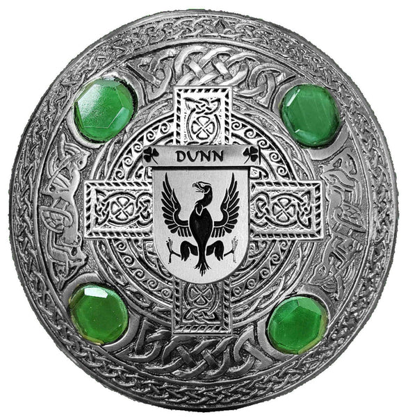 Dunn Irish Coat of Arms Celtic Cross Plaid Brooch with Green Stones