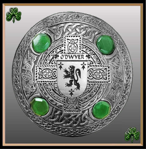O'Dwyer Irish Coat of Arms Celtic Cross Plaid Brooch with Green Stones