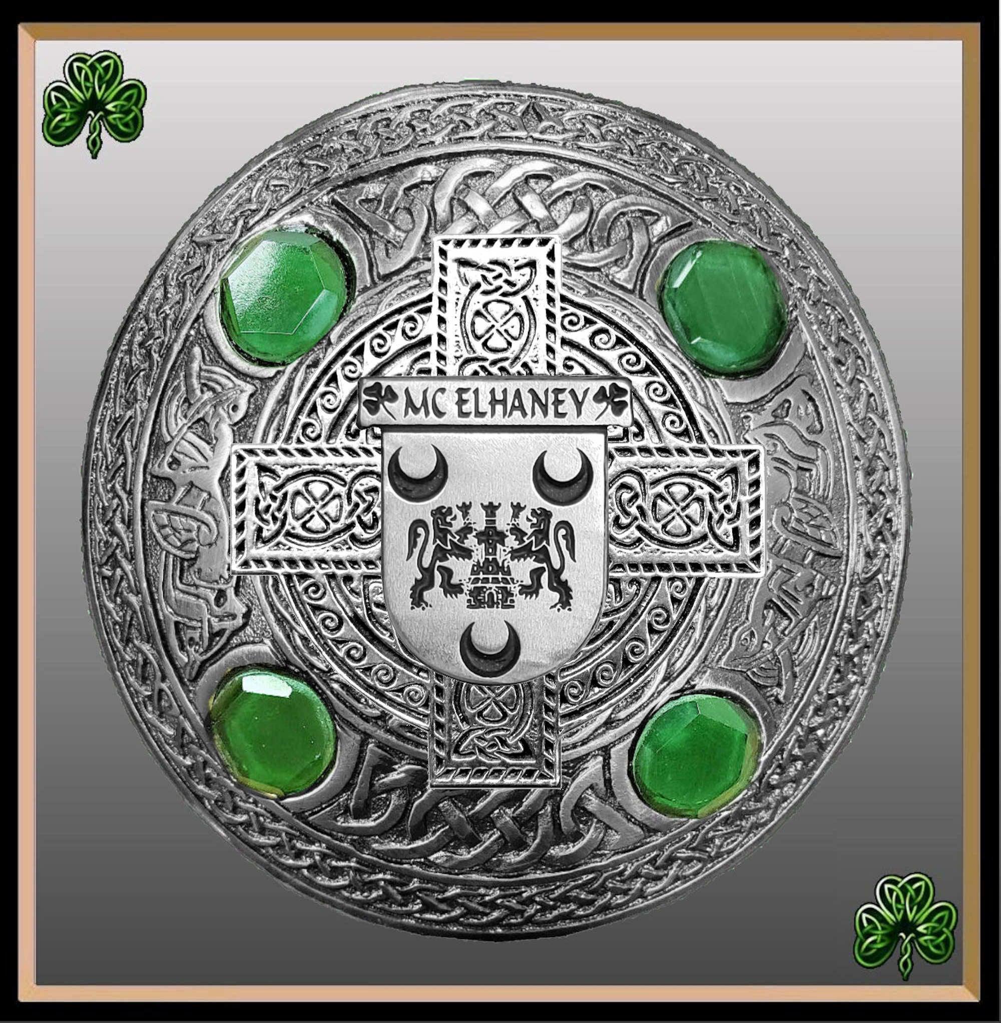 McElhaney Irish Coat of Arms Celtic Cross Plaid Brooch with Green Stones