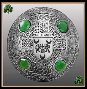 McElhaney Irish Coat of Arms Celtic Cross Plaid Brooch with Green Stones