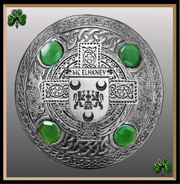 McElhaney Irish Coat of Arms Celtic Cross Plaid Brooch with Green Stones