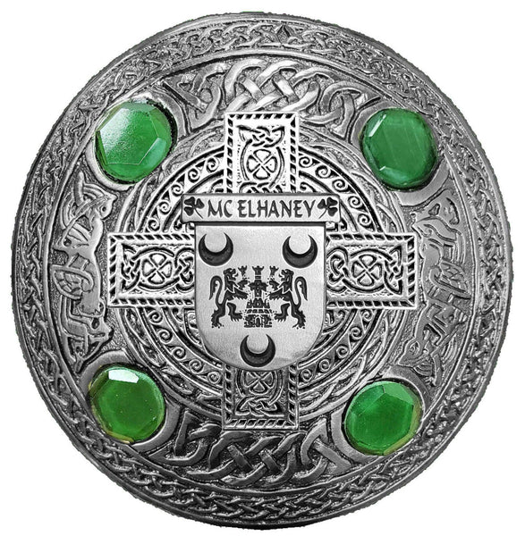 McElhaney Irish Coat of Arms Celtic Cross Plaid Brooch with Green Stones