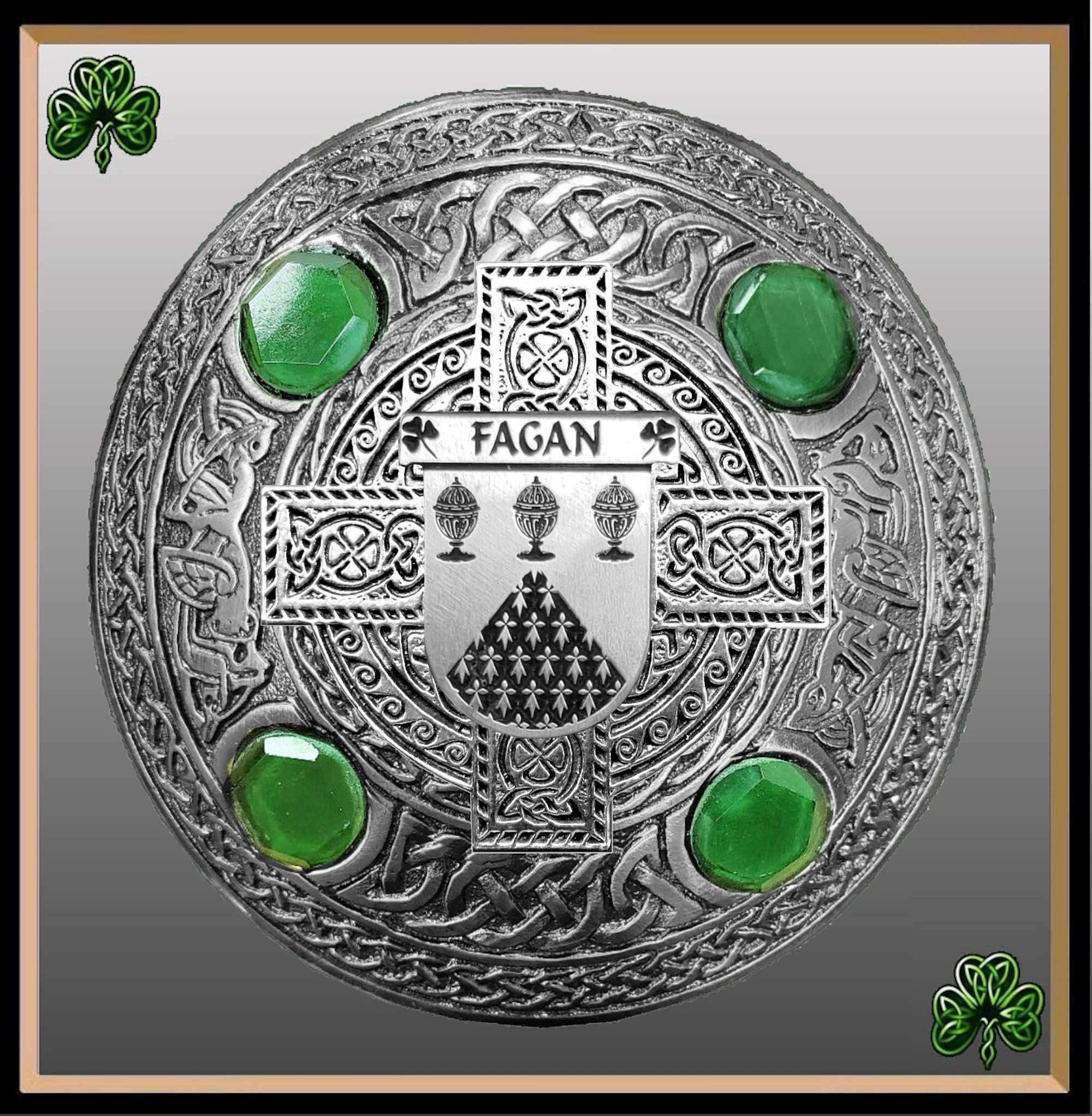 Fagan Irish Coat of Arms Celtic Cross Plaid Brooch with Green Stones