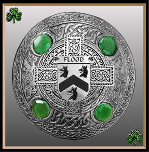Flood Irish Coat of Arms Celtic Cross Plaid Brooch with Green Stones