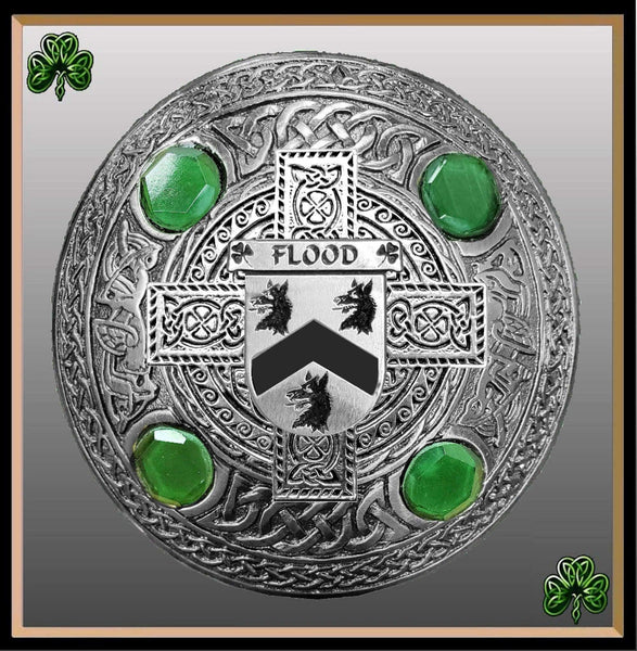 Flood Irish Coat of Arms Celtic Cross Plaid Brooch with Green Stones