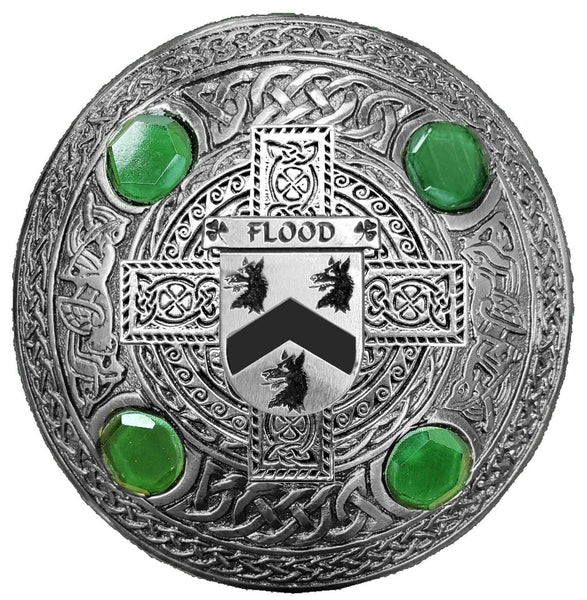 Flood Irish Coat of Arms Celtic Cross Plaid Brooch with Green Stones