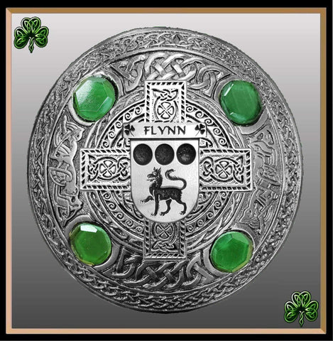 Flynn Irish Coat of Arms Celtic Cross Plaid Brooch with Green Stones