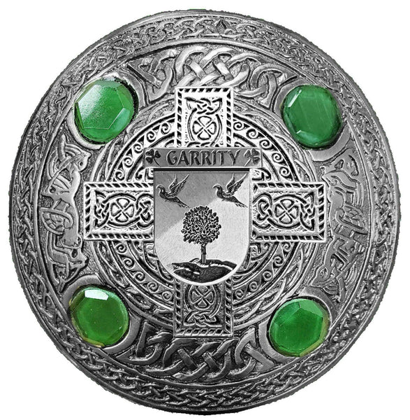 Garrity Irish Coat of Arms Celtic Cross Plaid Brooch with Green Stones