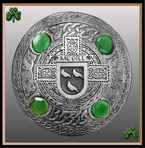 McGill Irish Coat of Arms Celtic Cross Plaid Brooch with Green Stones