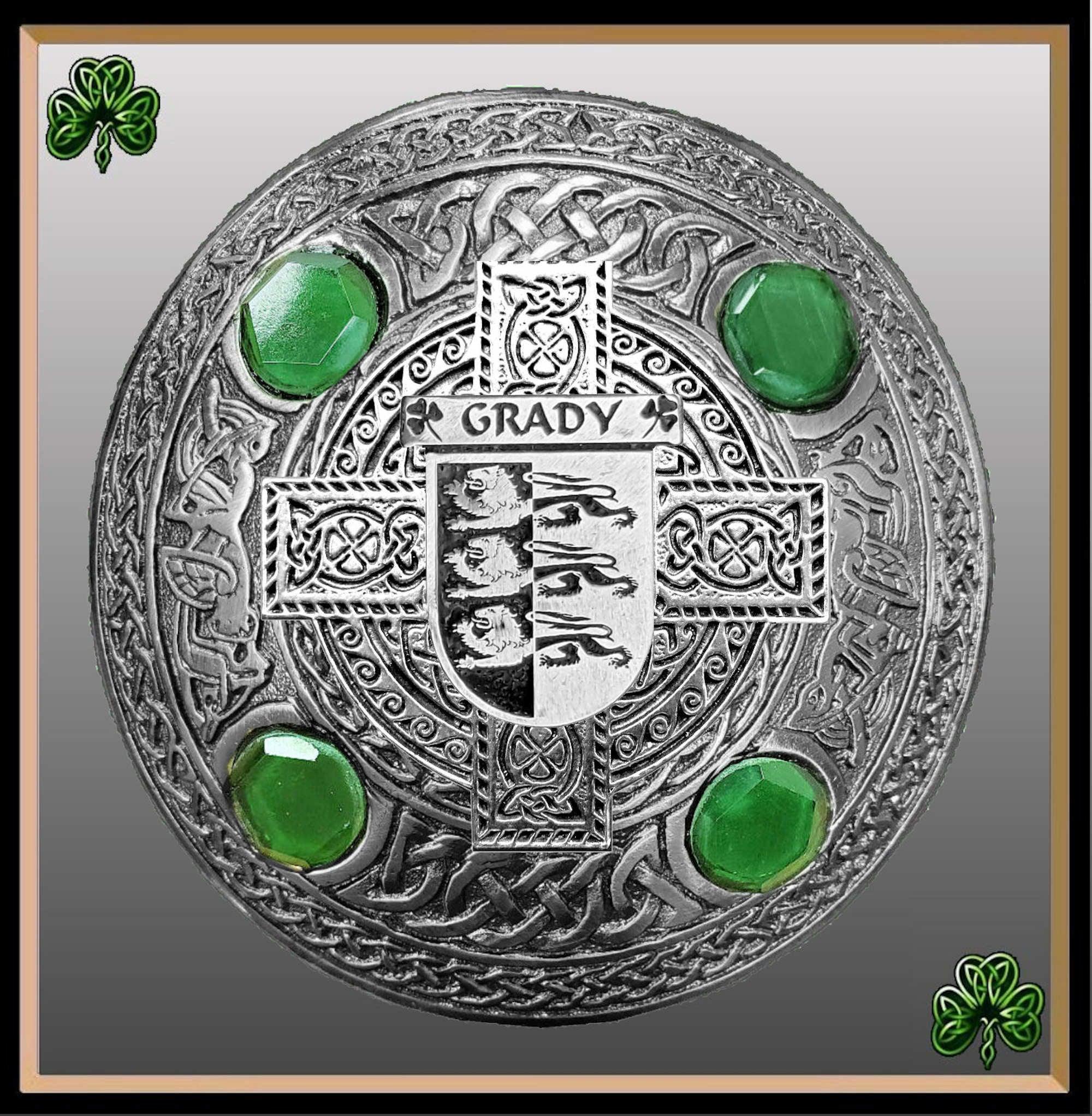 Grady Irish Coat of Arms Celtic Cross Plaid Brooch with Green Stones