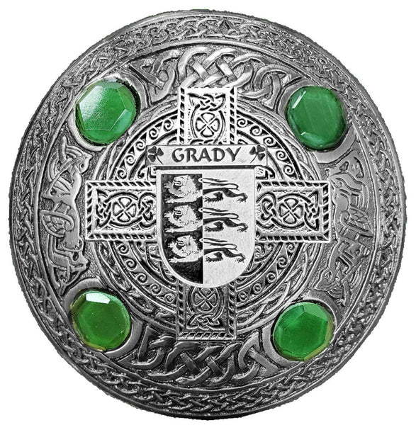 Grady Irish Coat of Arms Celtic Cross Plaid Brooch with Green Stones