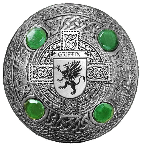 Griffin Irish Coat of Arms Celtic Cross Plaid Brooch with Green Stones