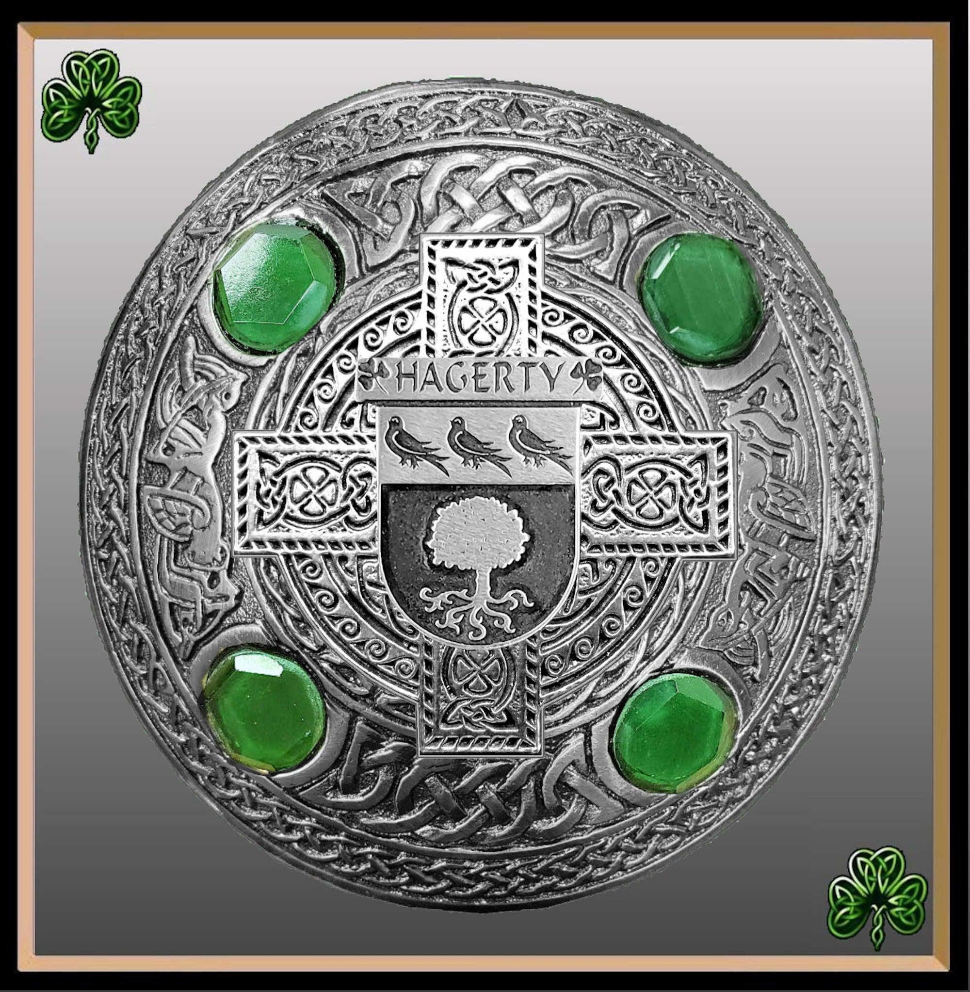Hagerty Irish Coat of Arms Celtic Cross Plaid Brooch with Green Stones
