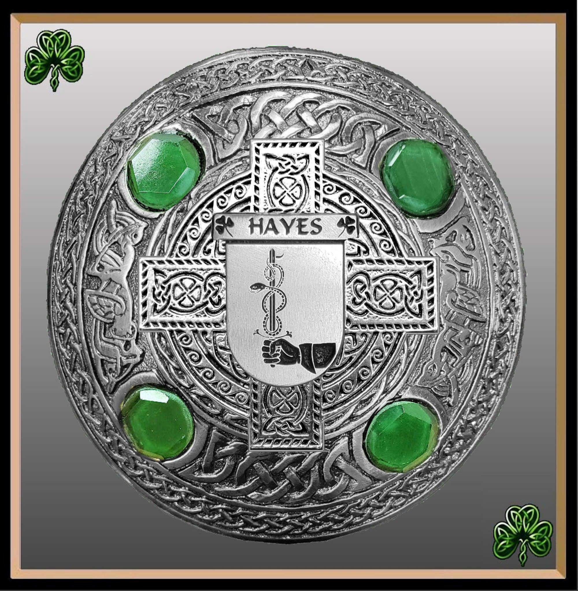 Hayes Irish Coat of Arms Celtic Cross Plaid Brooch with Green Stones