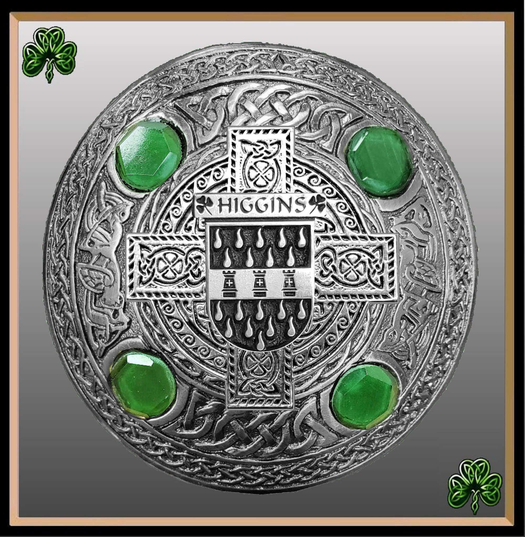 Higgins Irish Coat of Arms Celtic Cross Plaid Brooch with Green Stones