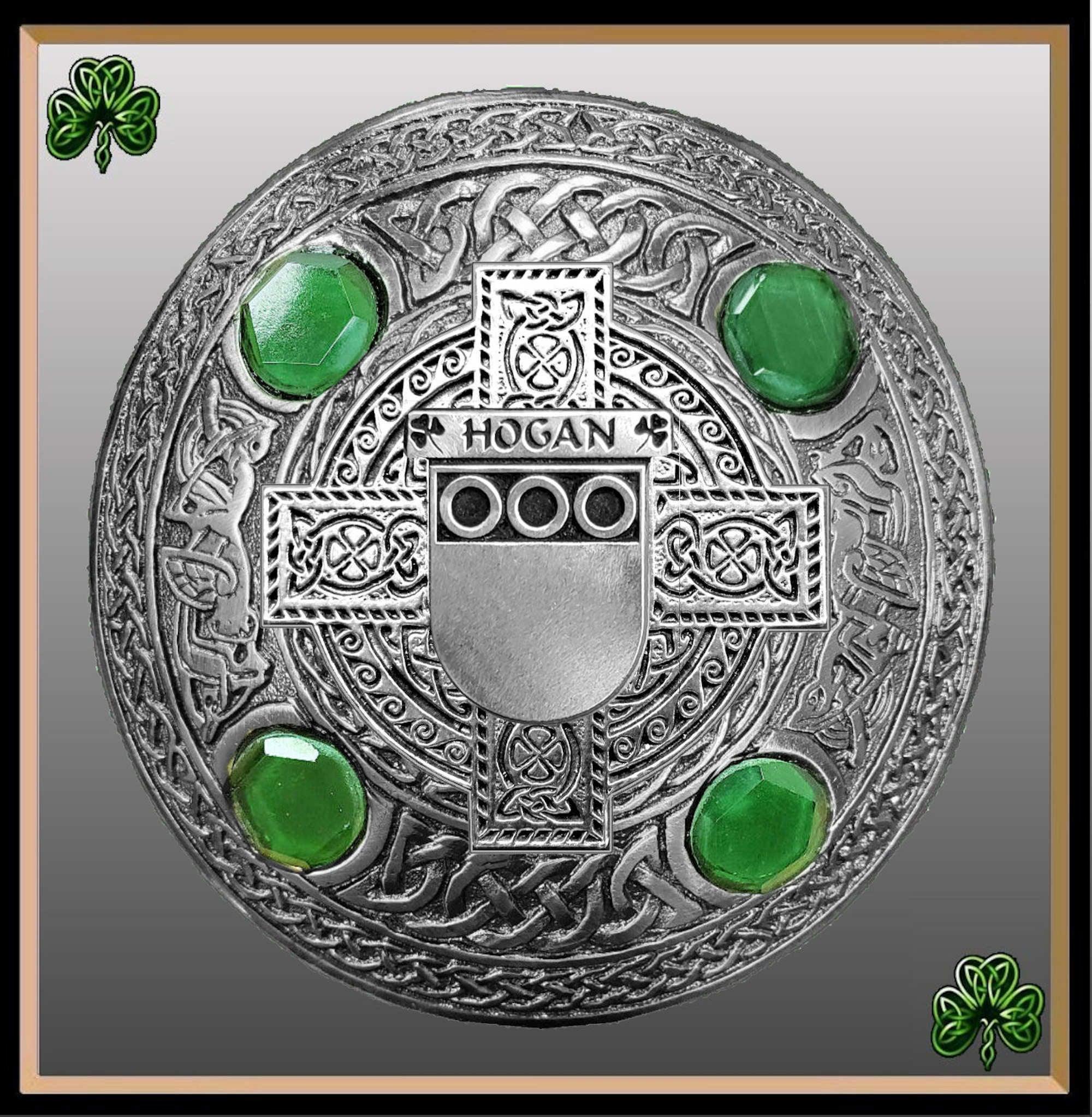 Hogan Irish Coat of Arms Celtic Cross Plaid Brooch with Green Stones