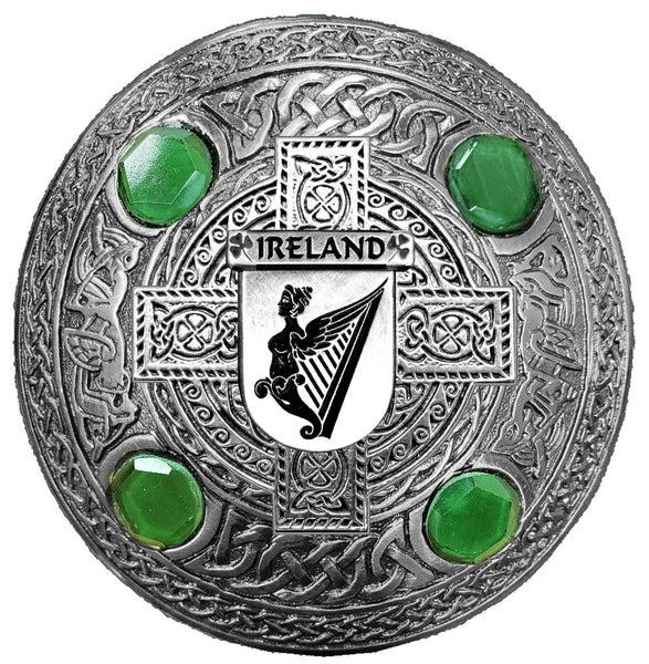 Ireland Coat of Arms Celtic Design Plaid Brooch with Green Stones