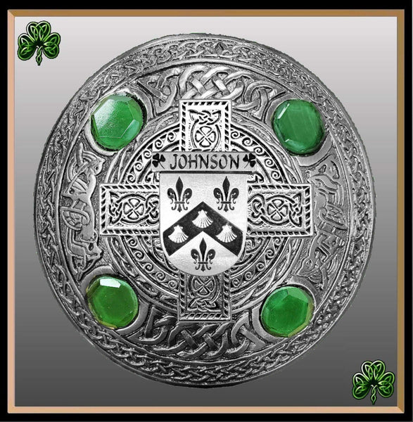 Johnson Irish Coat of Arms Celtic Cross Plaid Brooch with Green Stones