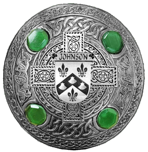 Johnson Irish Coat of Arms Celtic Cross Plaid Brooch with Green Stones
