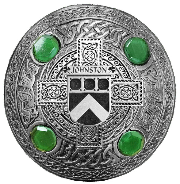Johnston Irish Coat of Arms Celtic Cross Plaid Brooch with Green Stones