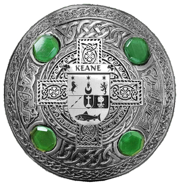 Keane Irish Coat of Arms Celtic Cross Plaid Brooch with Green Stones